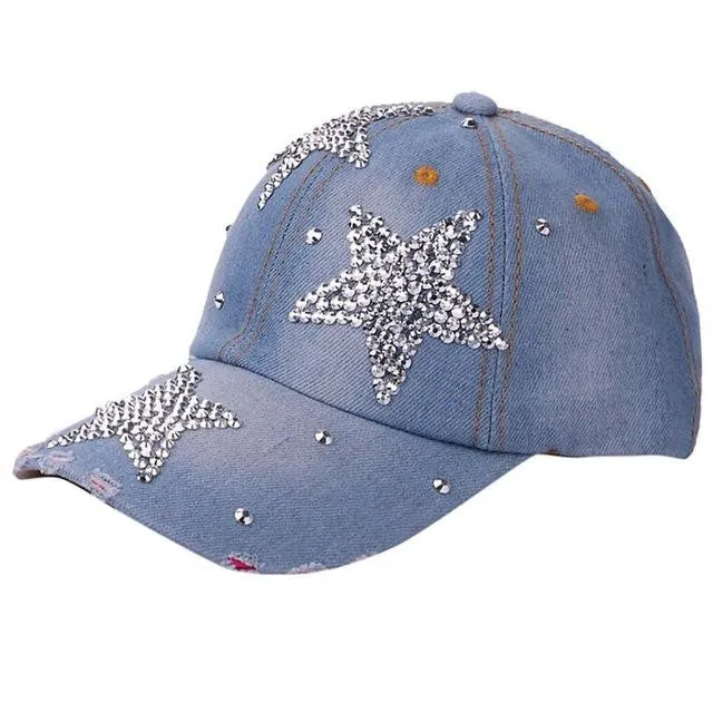 Adjustable Pentagram Rhinestone Denim Baseball