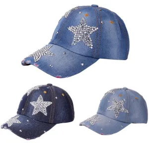 Adjustable Pentagram Rhinestone Denim Baseball