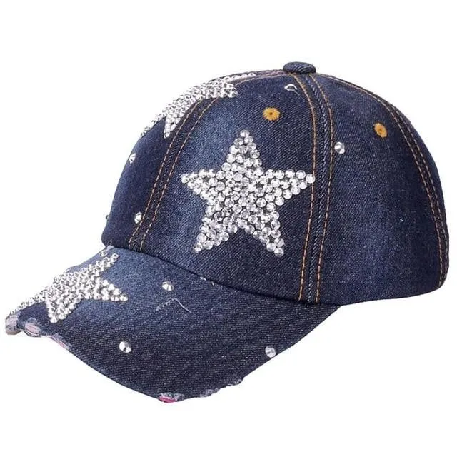 Adjustable Pentagram Rhinestone Denim Baseball