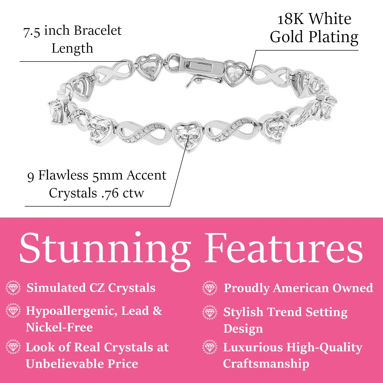 Amanda 18k White Gold Plated Infinity Heart Tennis Bracelet with CZ Crystals