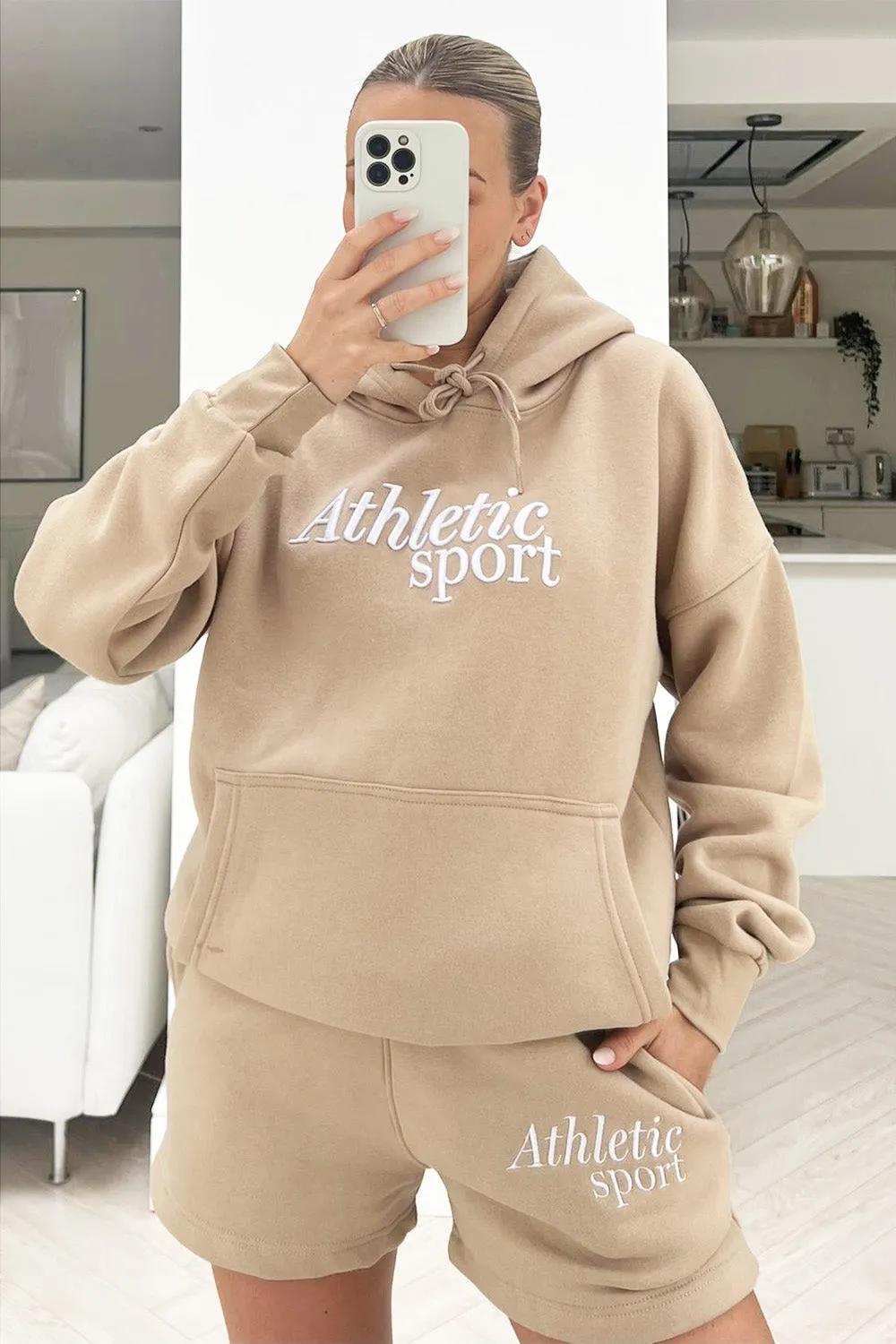 Athletic Sport Stone embroidered hooded short set