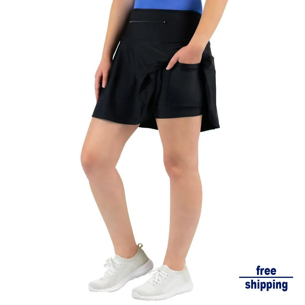 Black Silk Golf and Tennis Skort - FlutterCut™ /FrontZip