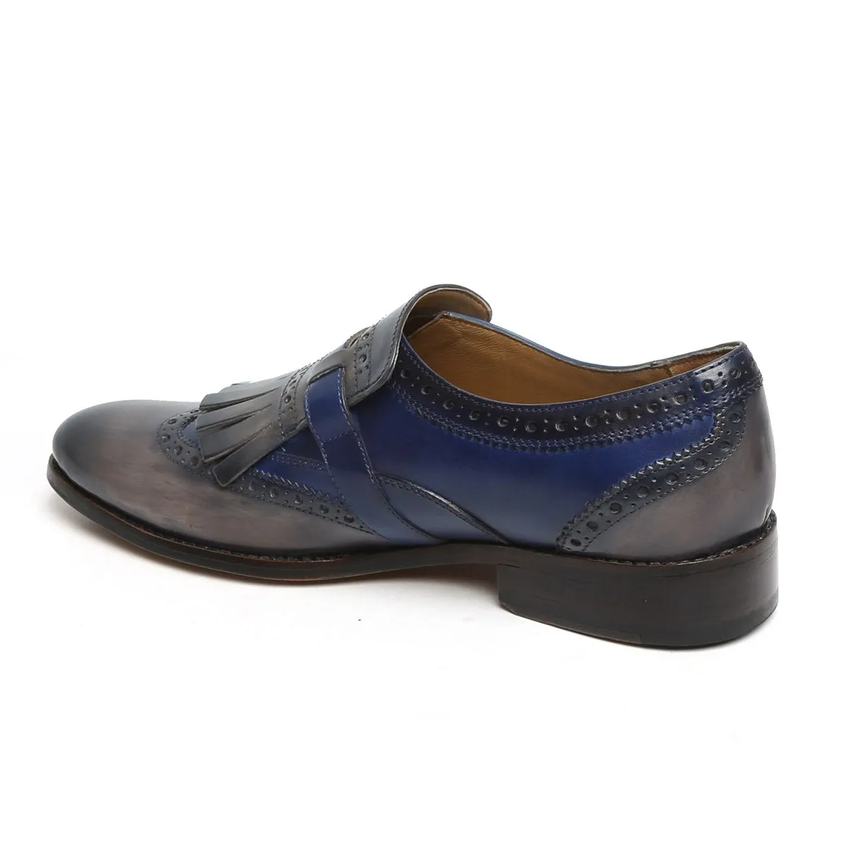 Blue/Grey Leather Fringed Single Monk Strap Shoes By Brune & Bareskin