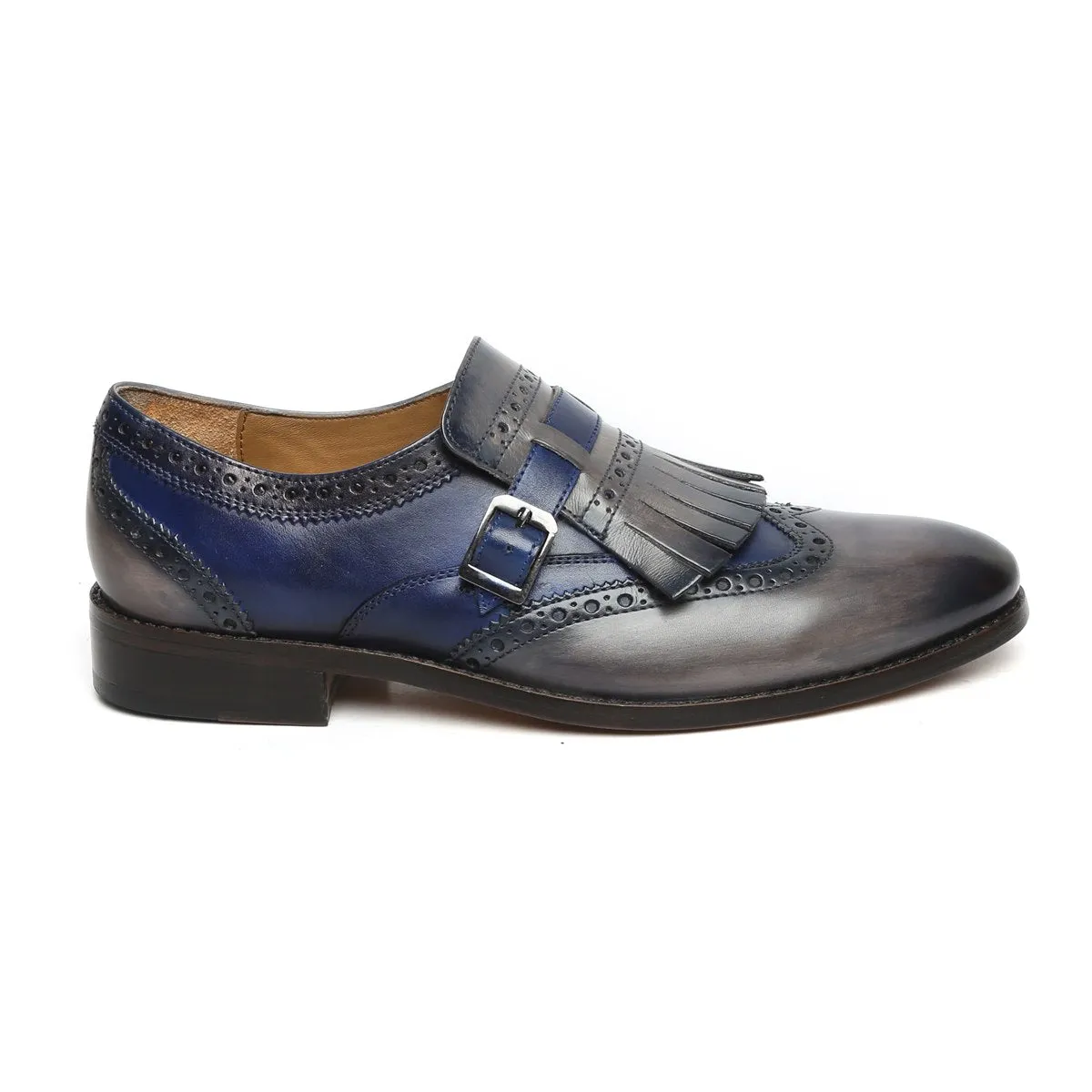 Blue/Grey Leather Fringed Single Monk Strap Shoes By Brune & Bareskin