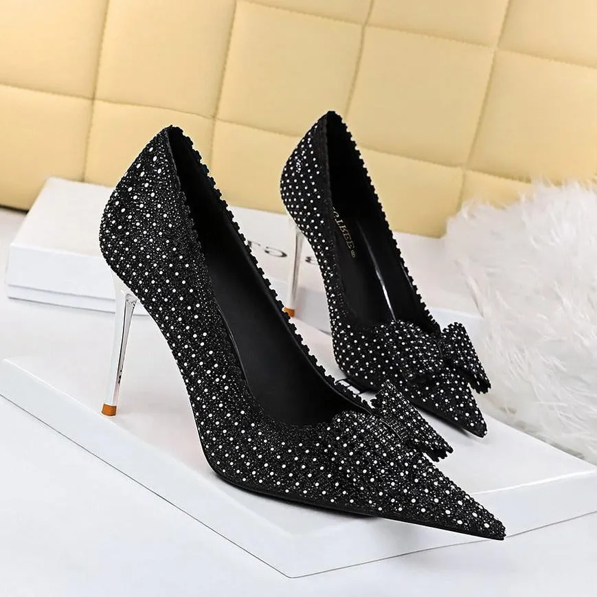 Bow Detail Sequin Decor Stiletto Heeled  Pumps