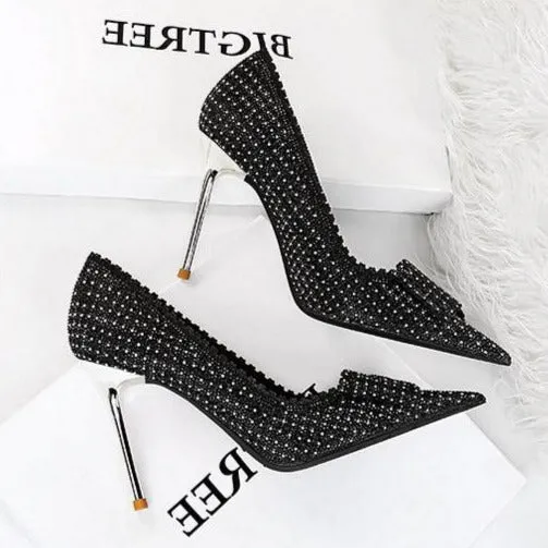 Bow Detail Sequin Decor Stiletto Heeled  Pumps