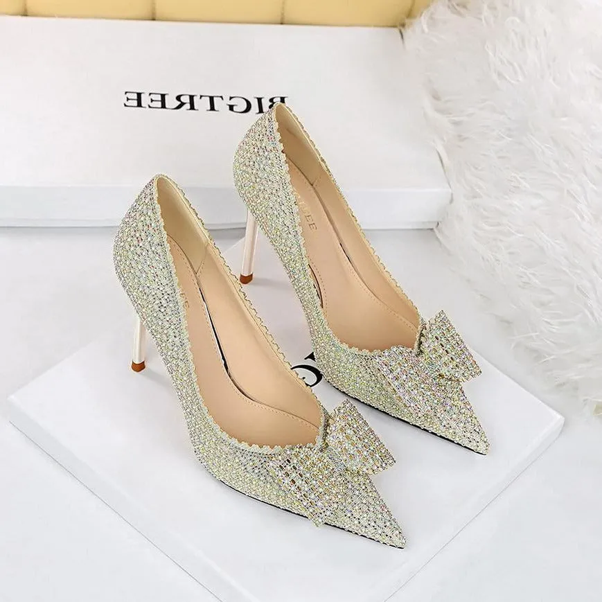 Bow Detail Sequin Decor Stiletto Heeled  Pumps