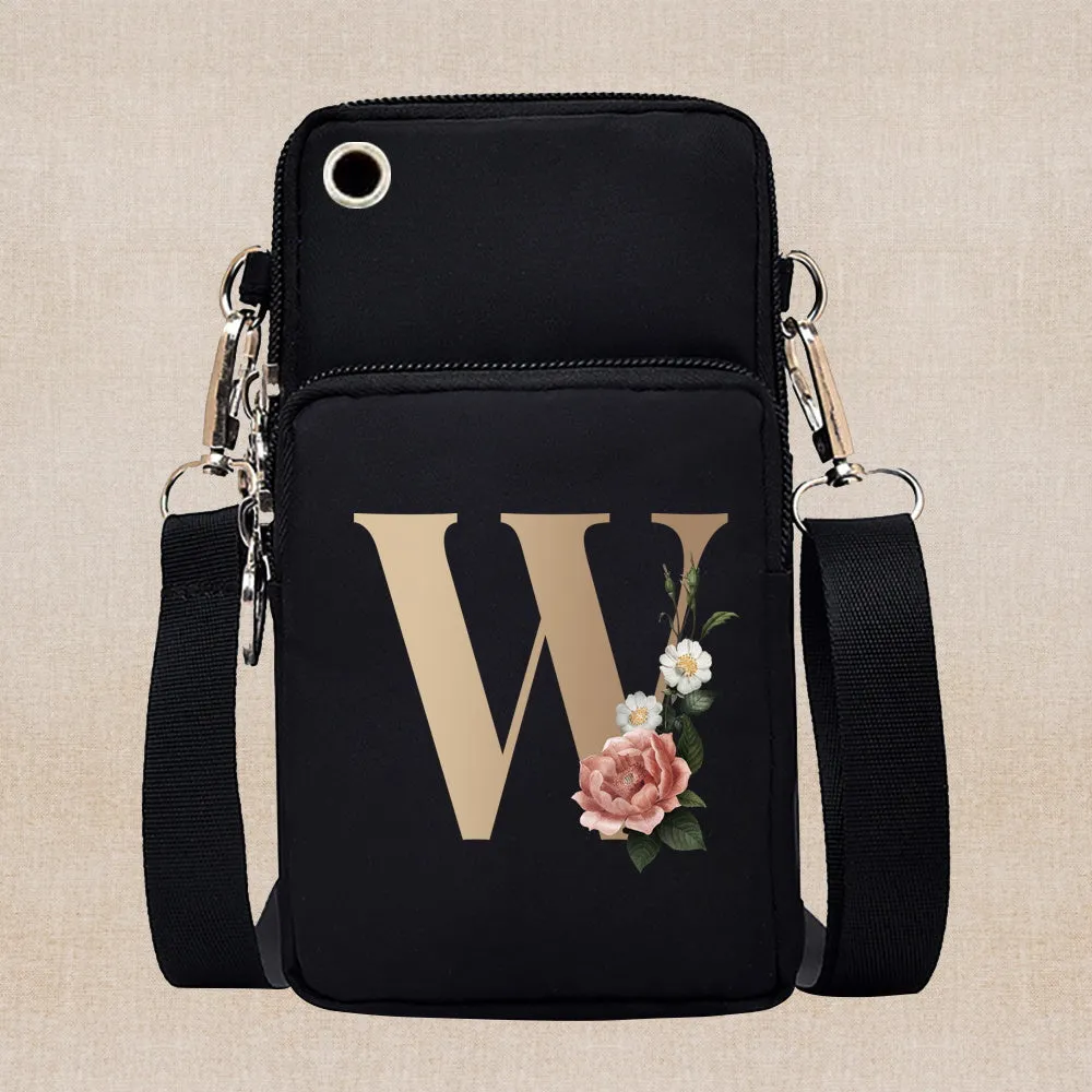 Chic Gold-Lettered Floral Phone Wallet with Versatile Arm/Shoulder Strap – Secure Zippered Casual/Sports Pouch