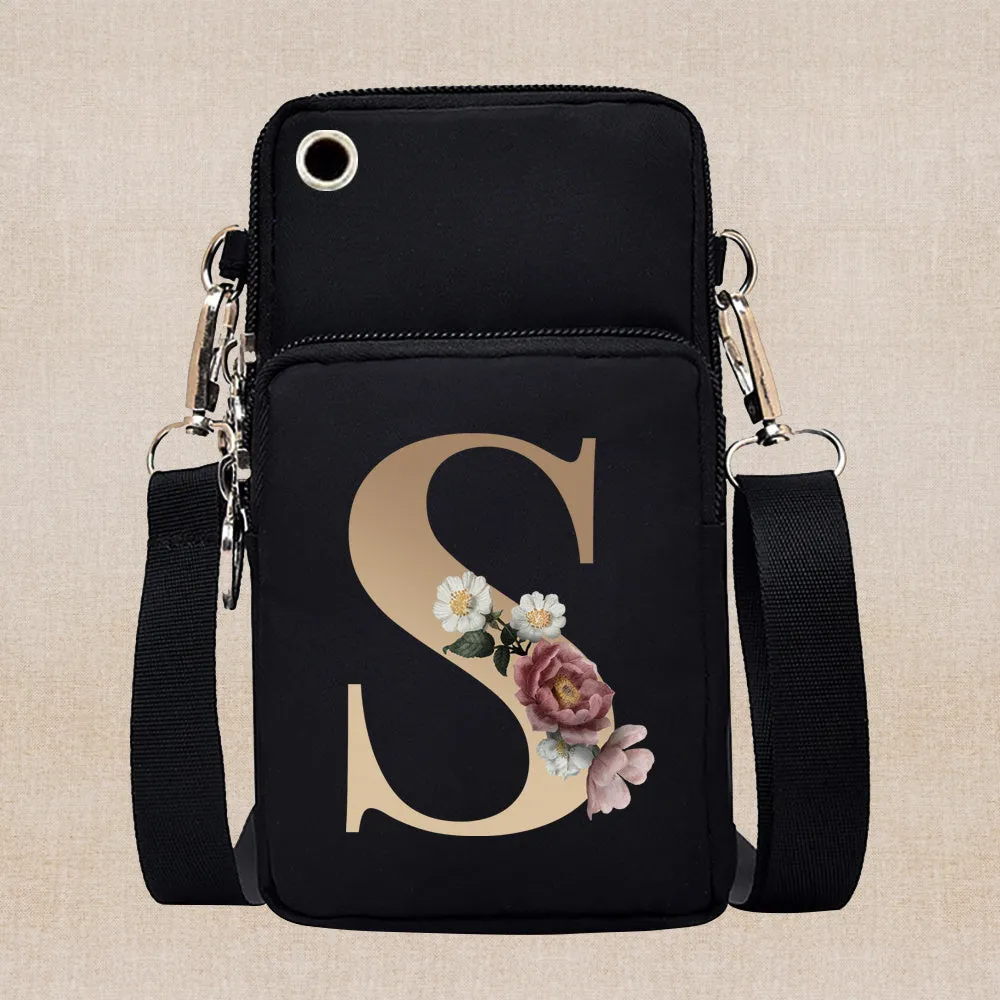 Chic Gold-Lettered Floral Phone Wallet with Versatile Arm/Shoulder Strap – Secure Zippered Casual/Sports Pouch