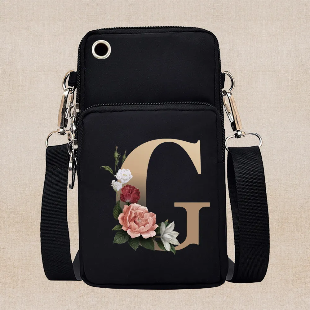 Chic Gold-Lettered Floral Phone Wallet with Versatile Arm/Shoulder Strap – Secure Zippered Casual/Sports Pouch