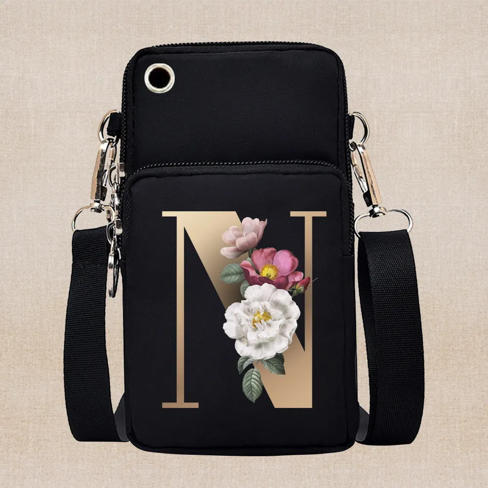 Chic Gold-Lettered Floral Phone Wallet with Versatile Arm/Shoulder Strap – Secure Zippered Casual/Sports Pouch