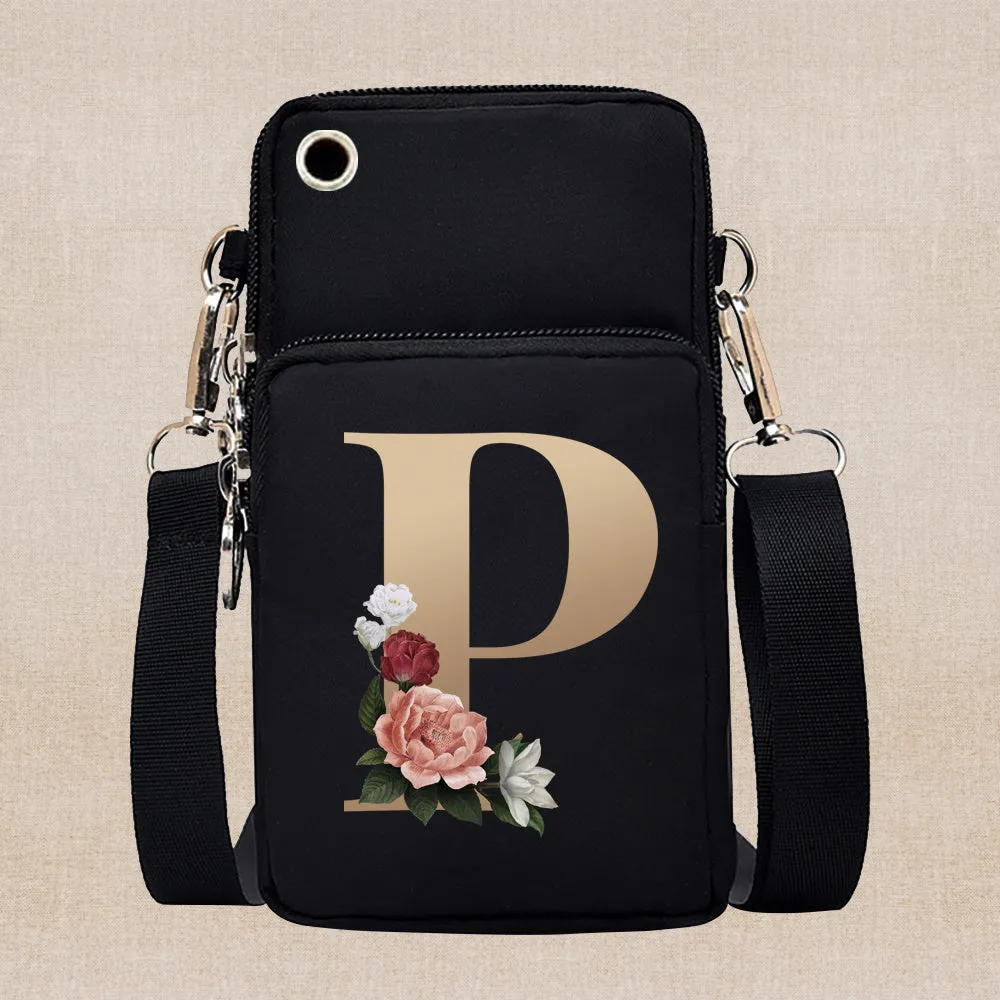 Chic Gold-Lettered Floral Phone Wallet with Versatile Arm/Shoulder Strap – Secure Zippered Casual/Sports Pouch