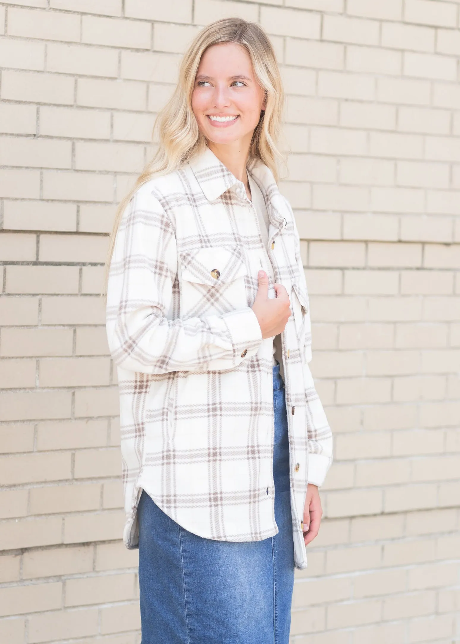 Cream Button Up Plaid Front Pocket Jacket