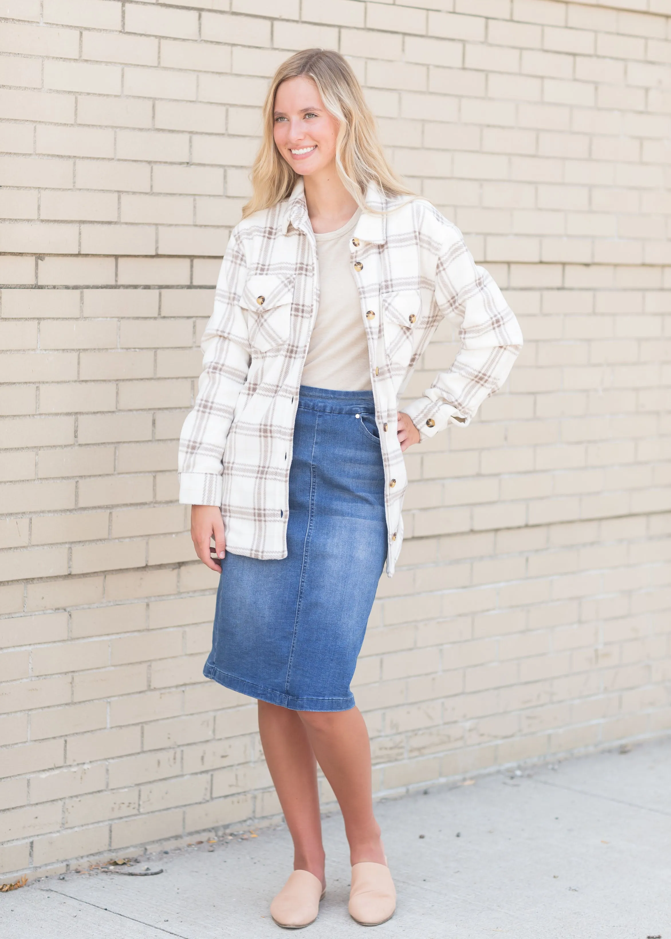 Cream Button Up Plaid Front Pocket Jacket