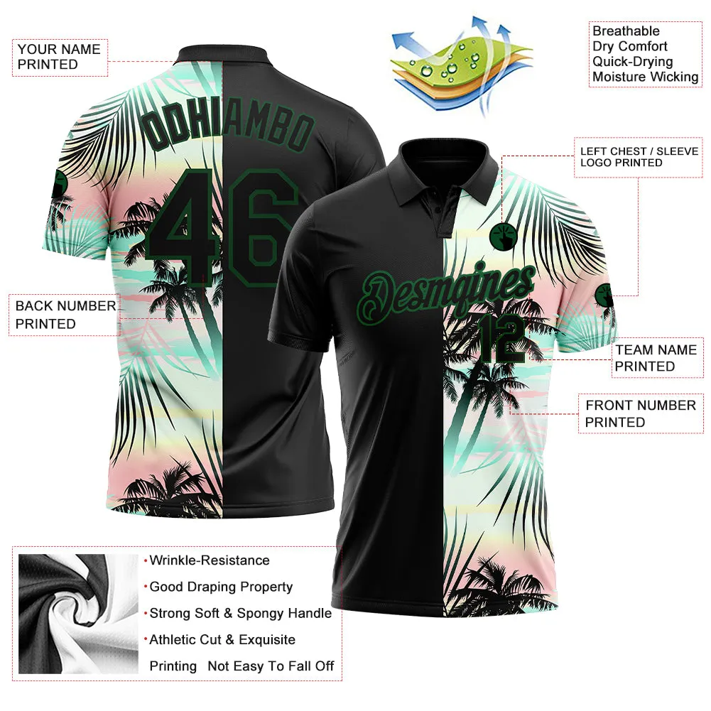 Custom Black Green 3D Pattern Design Tropical Hawaii Palm Leaves Performance Golf Polo Shirt