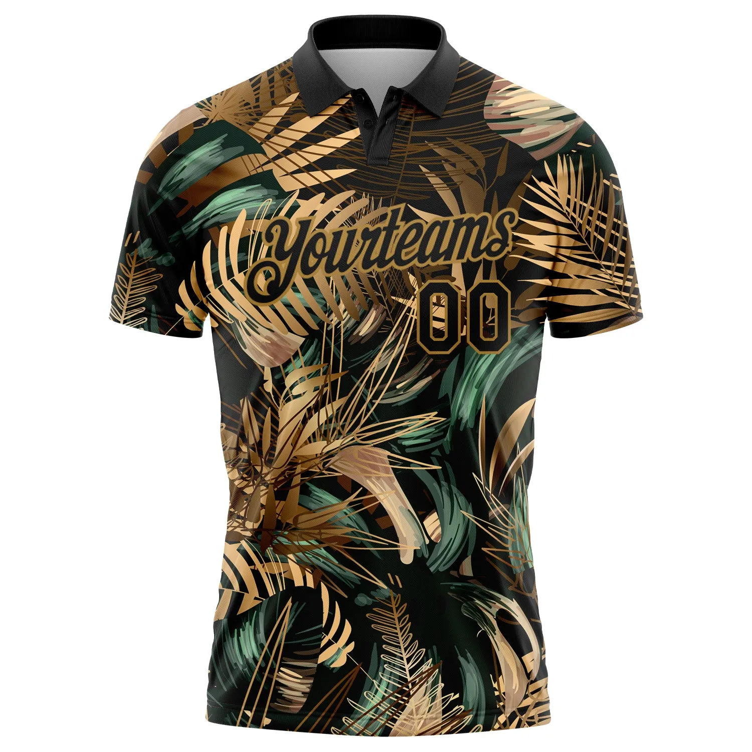 Custom Black Old Gold 3D Pattern Design Golden And Green Tropical Leaves In The Style Of Jungle And Hawaii Performance Golf Polo Shirt