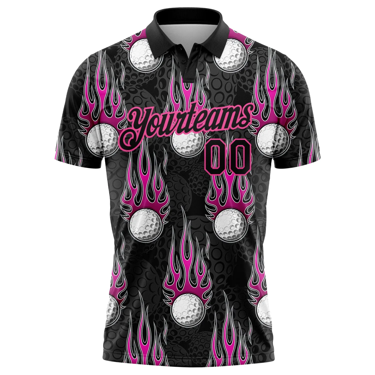 Custom Black Pink 3D Pattern Design Firely Golf Ball Performance Golf Polo Shirt