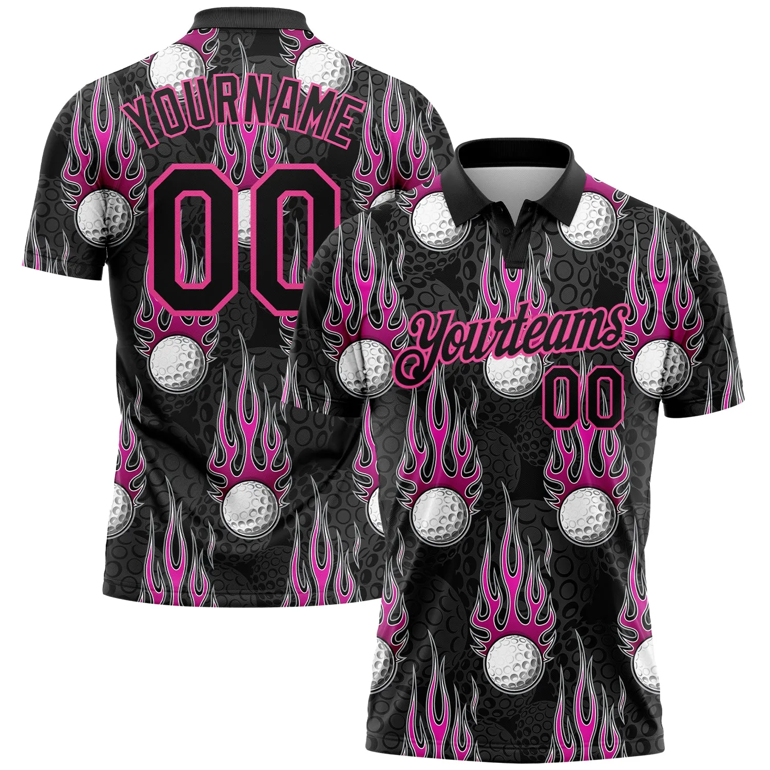 Custom Black Pink 3D Pattern Design Firely Golf Ball Performance Golf Polo Shirt