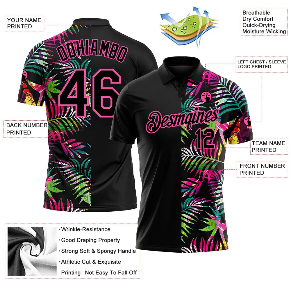 Custom Black Pink 3D Pattern Design Tropical Hawaii Palm Leaves Performance Golf Polo Shirt