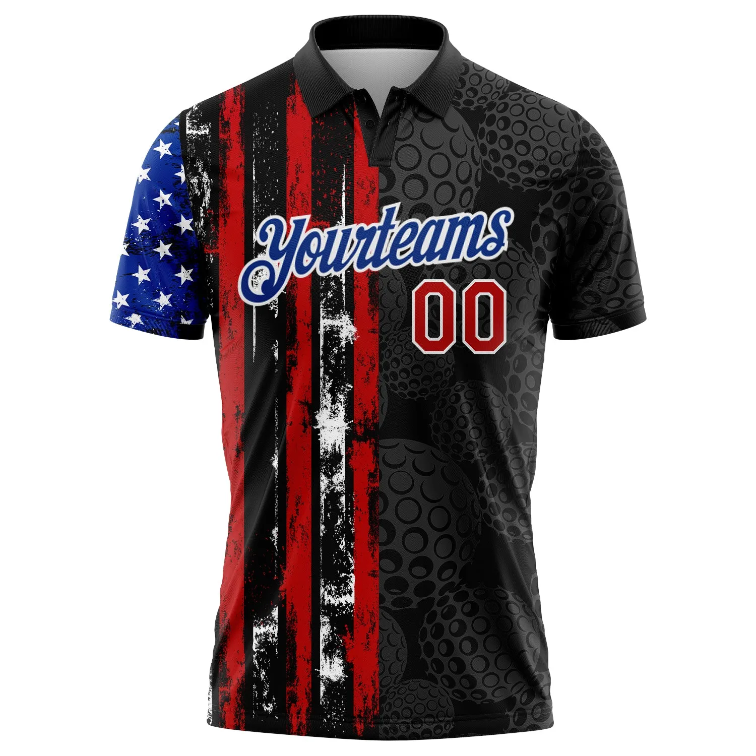 Custom Black Red-Royal 3D Pattern Design Golf Ball American Flag Performance Golf Polo Shirt