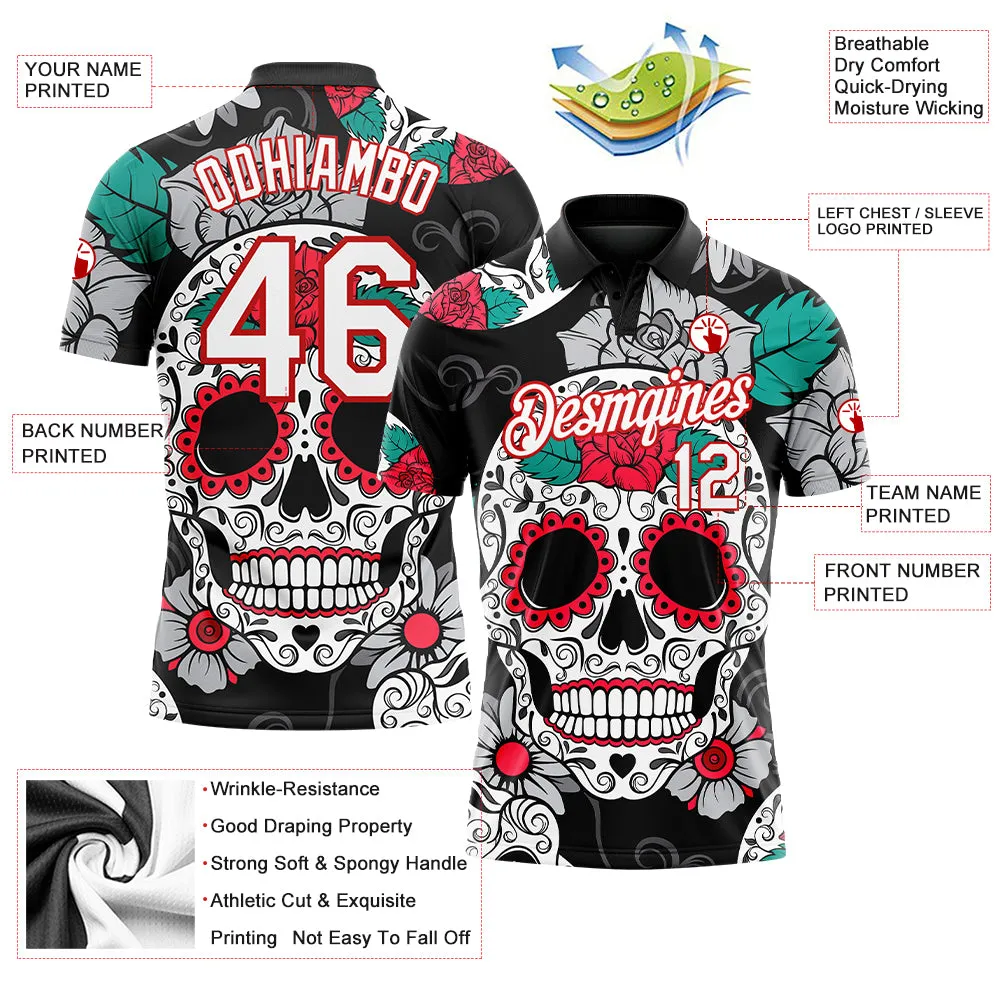 Custom Black White-Red 3D Skull Fashion Performance Golf Polo Shirt