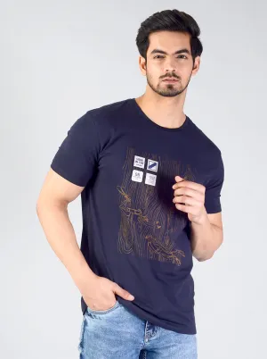 Deep Blue Printed Slim Fit T-shirt | JadeBlue