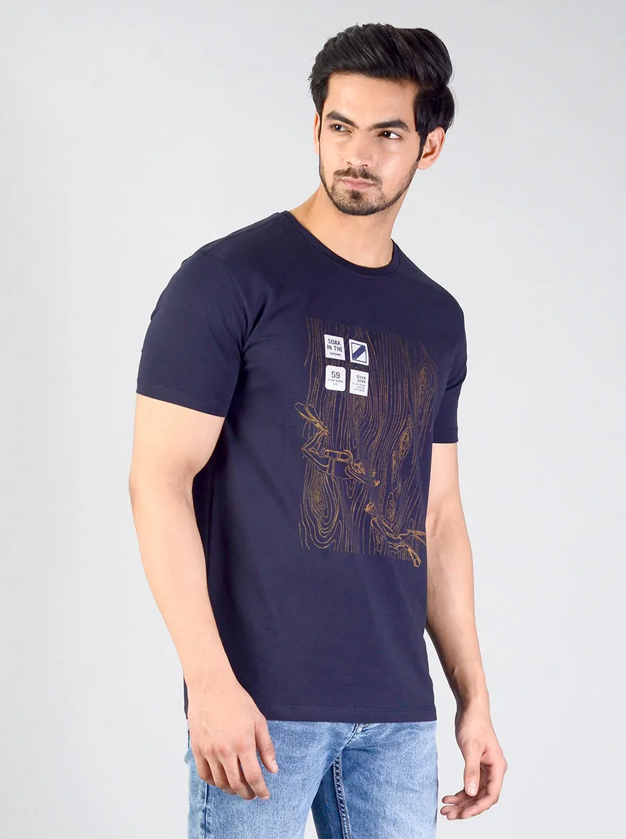 Deep Blue Printed Slim Fit T-shirt | JadeBlue