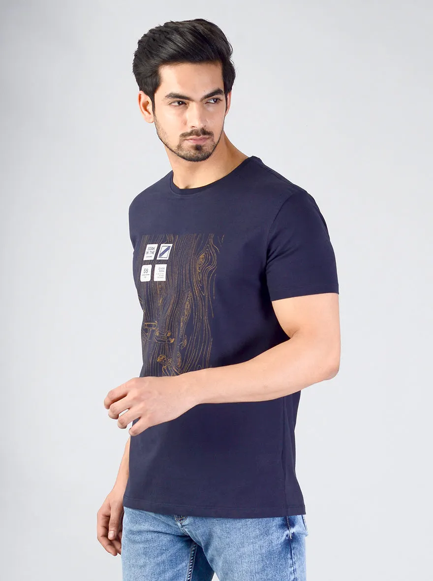 Deep Blue Printed Slim Fit T-shirt | JadeBlue