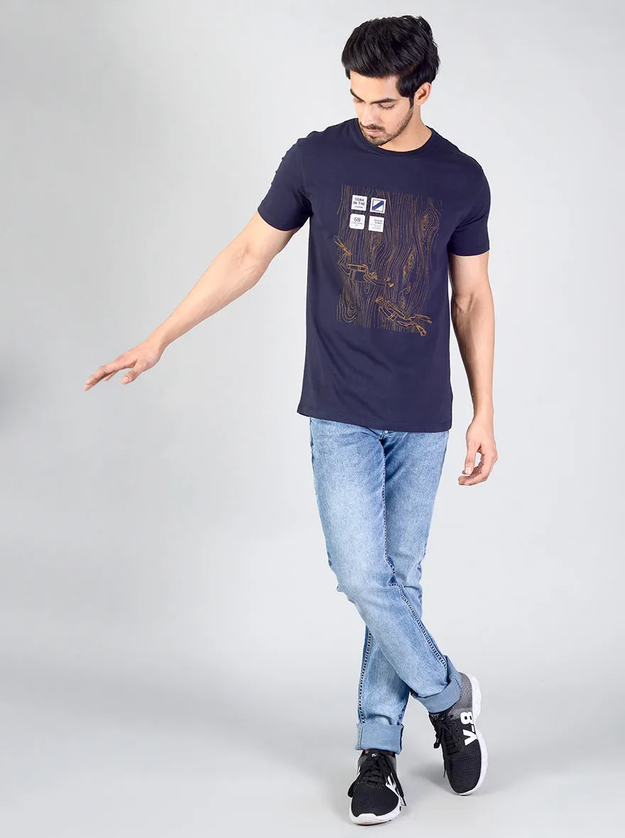 Deep Blue Printed Slim Fit T-shirt | JadeBlue