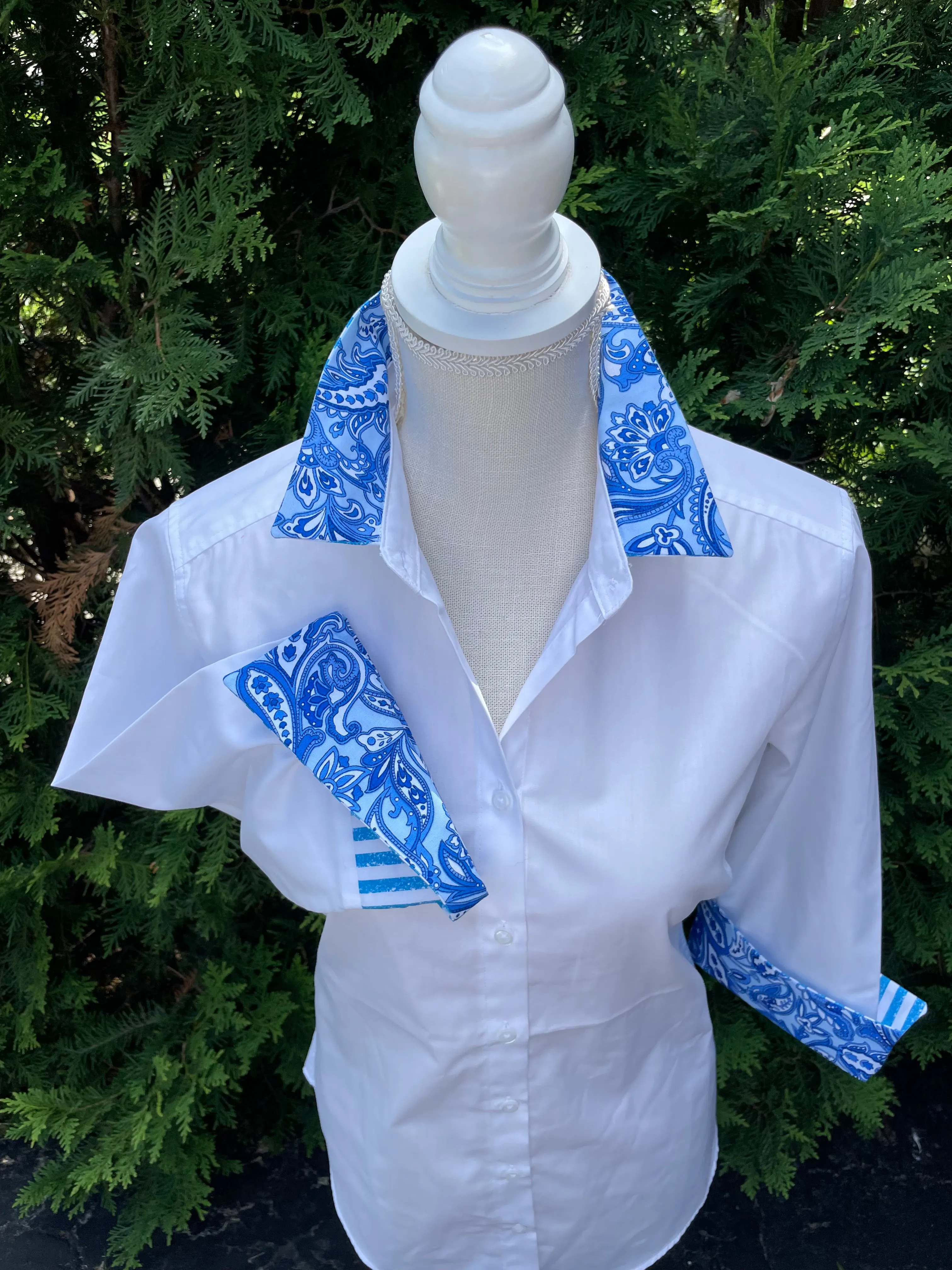 Elizabeth 3/4 Sleeve - White w Blue Paisley & Blue Stripe (3424)