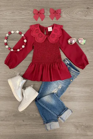 Eyelet Lace Collar Peplum Top