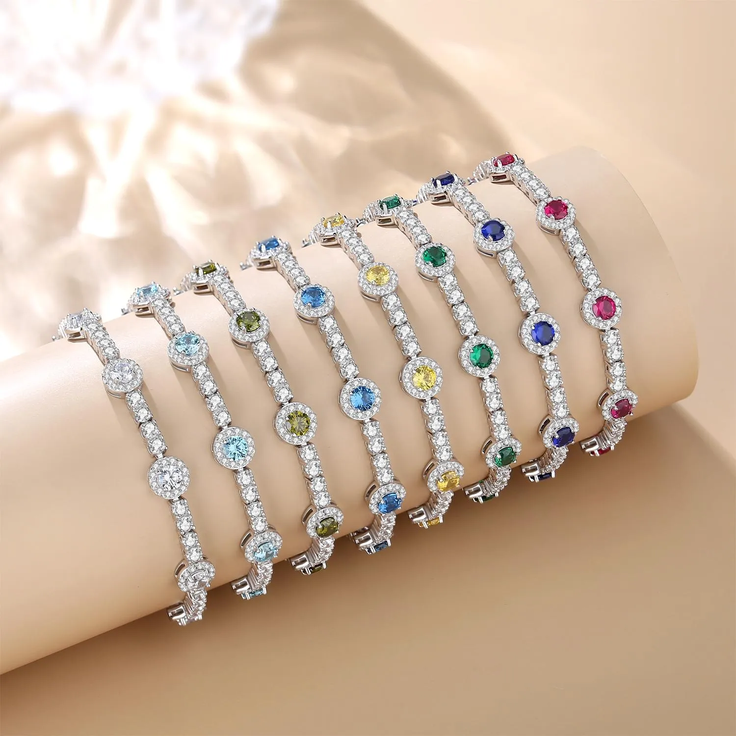 FANCIME "Noble Allure" December Birthstone Blue Topaz Station Tennis Sterling Silver Bracelet