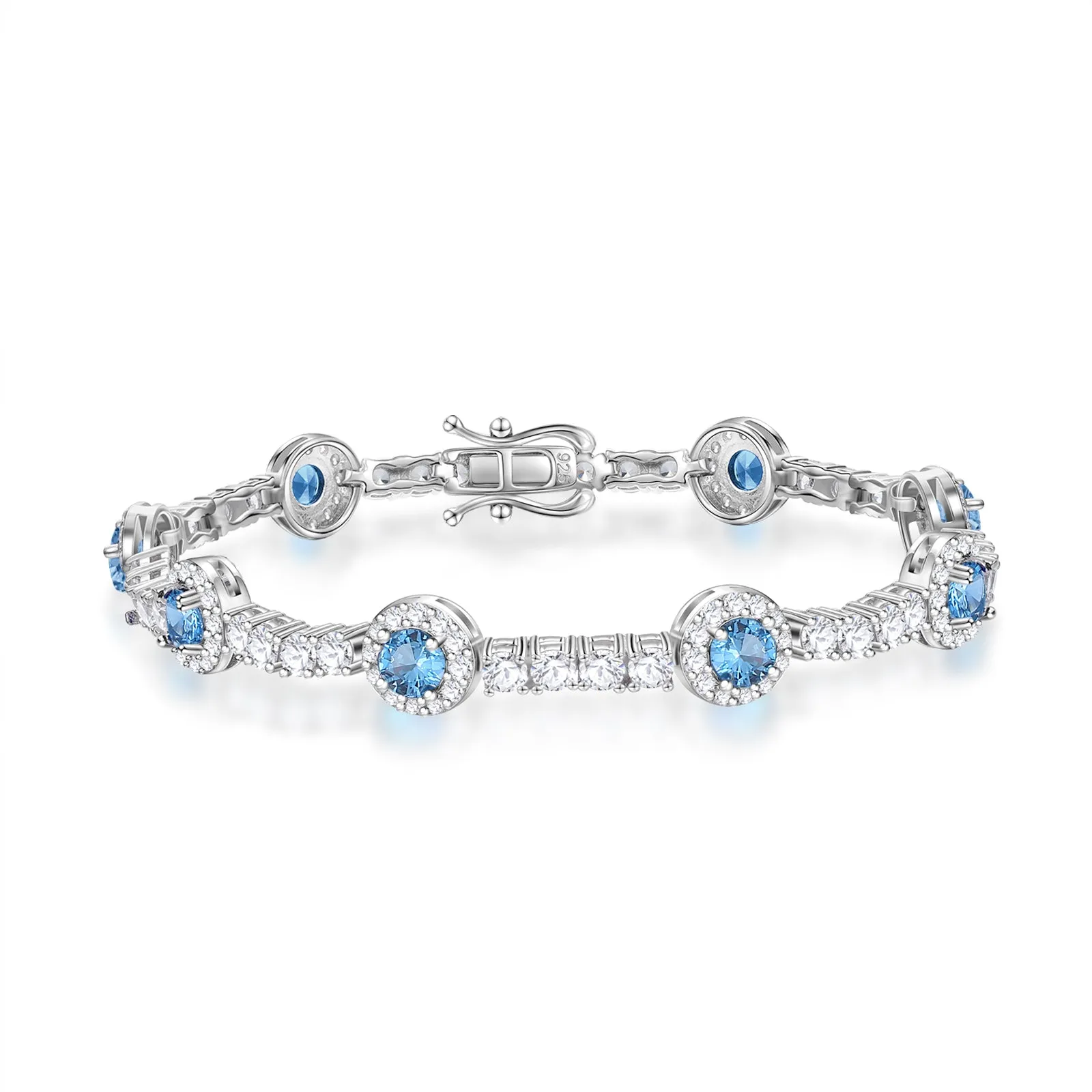 FANCIME "Noble Allure" December Birthstone Blue Topaz Station Tennis Sterling Silver Bracelet