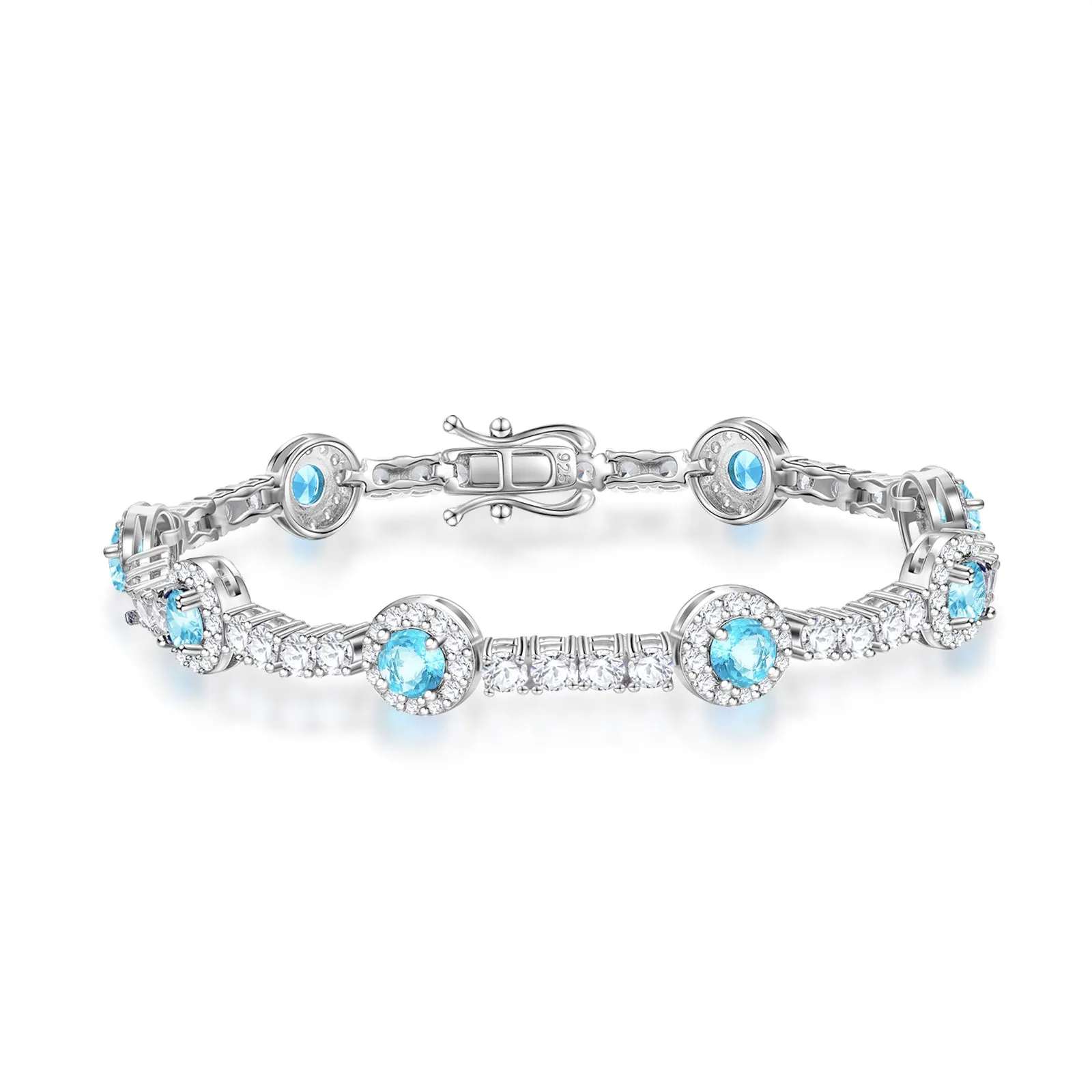 FANCIME "Noble Allure" March Birthstone Aquamarine Station Tennis Sterling Silver Bracelet