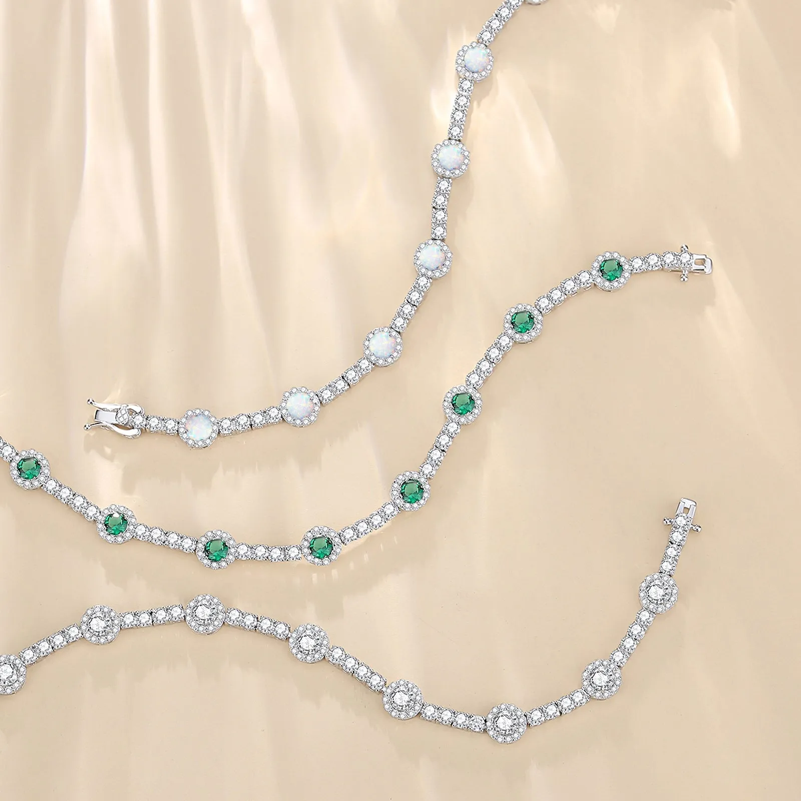 FANCIME "Noble Allure" May Birthstone Emerald Station Tennis Sterling Silver Bracelet