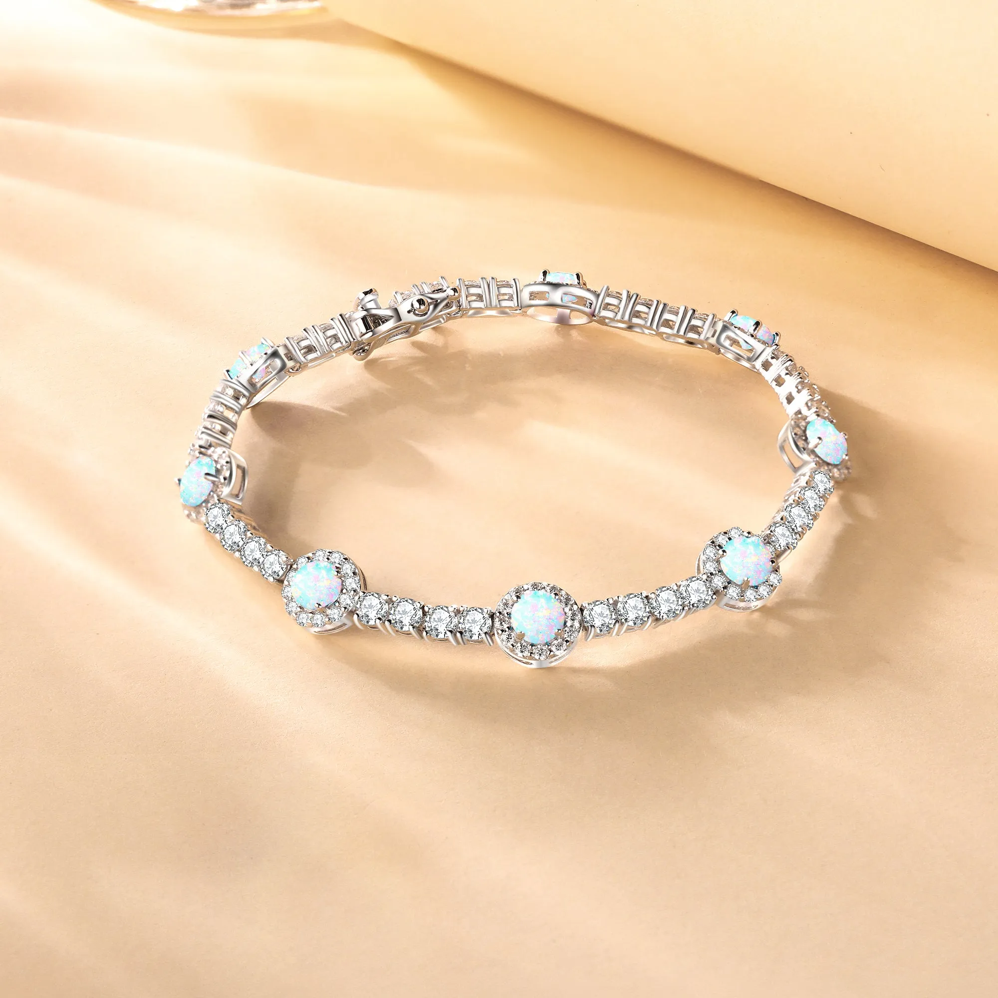 FANCIME "Noble Allure" October Birthstone Opal Station Tennis Sterling Silver Bracelet