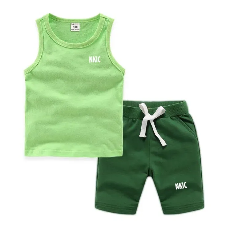 Fashion Brand Clothing Sets Summer Sleeveless 100% Cotton Vest Shorts Kids Tracksuit Thin Breathable Children's Sports Sets Boys