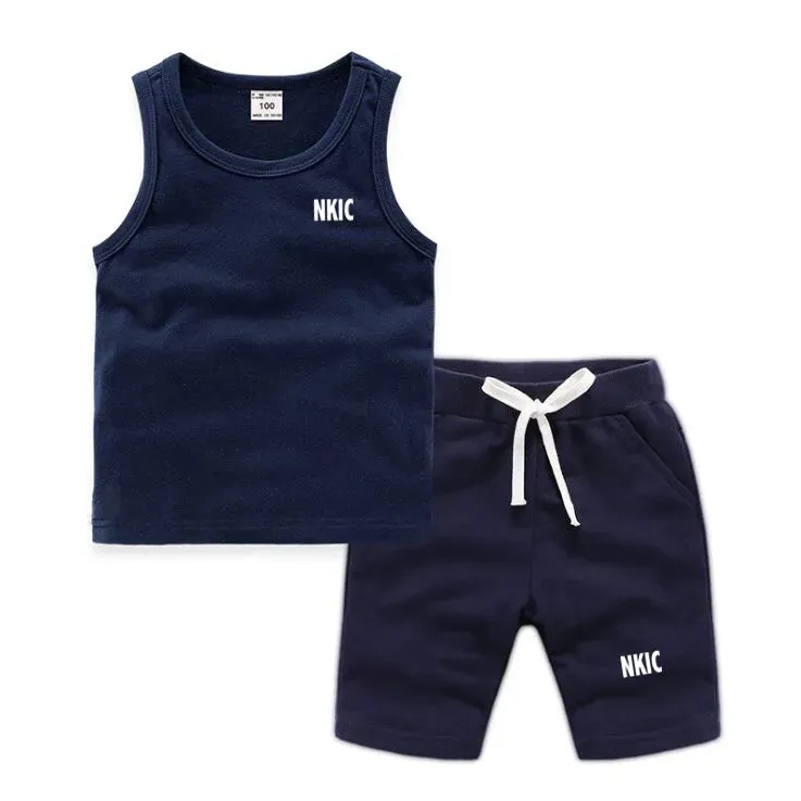 Fashion Brand Clothing Sets Summer Sleeveless 100% Cotton Vest Shorts Kids Tracksuit Thin Breathable Children's Sports Sets Boys