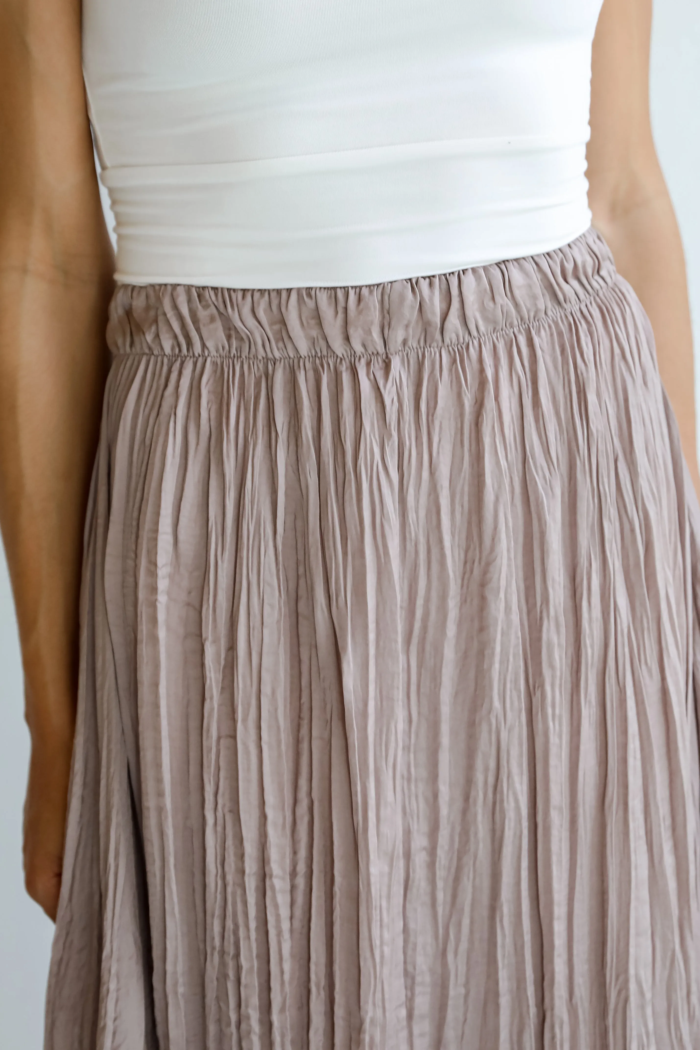 FINAL SALE - Gorgeous Icon Taupe Satin Midi Skirt