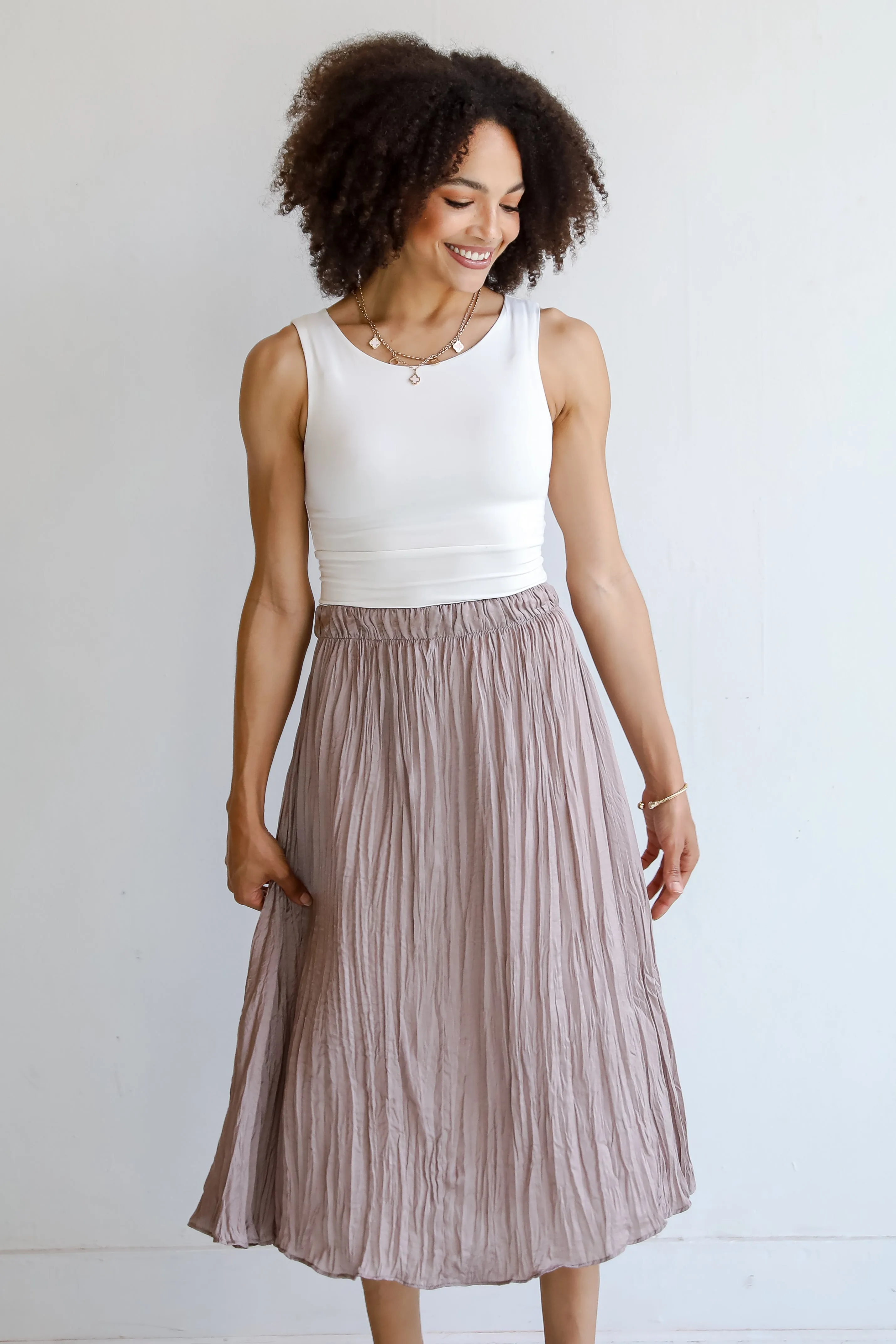 FINAL SALE - Gorgeous Icon Taupe Satin Midi Skirt