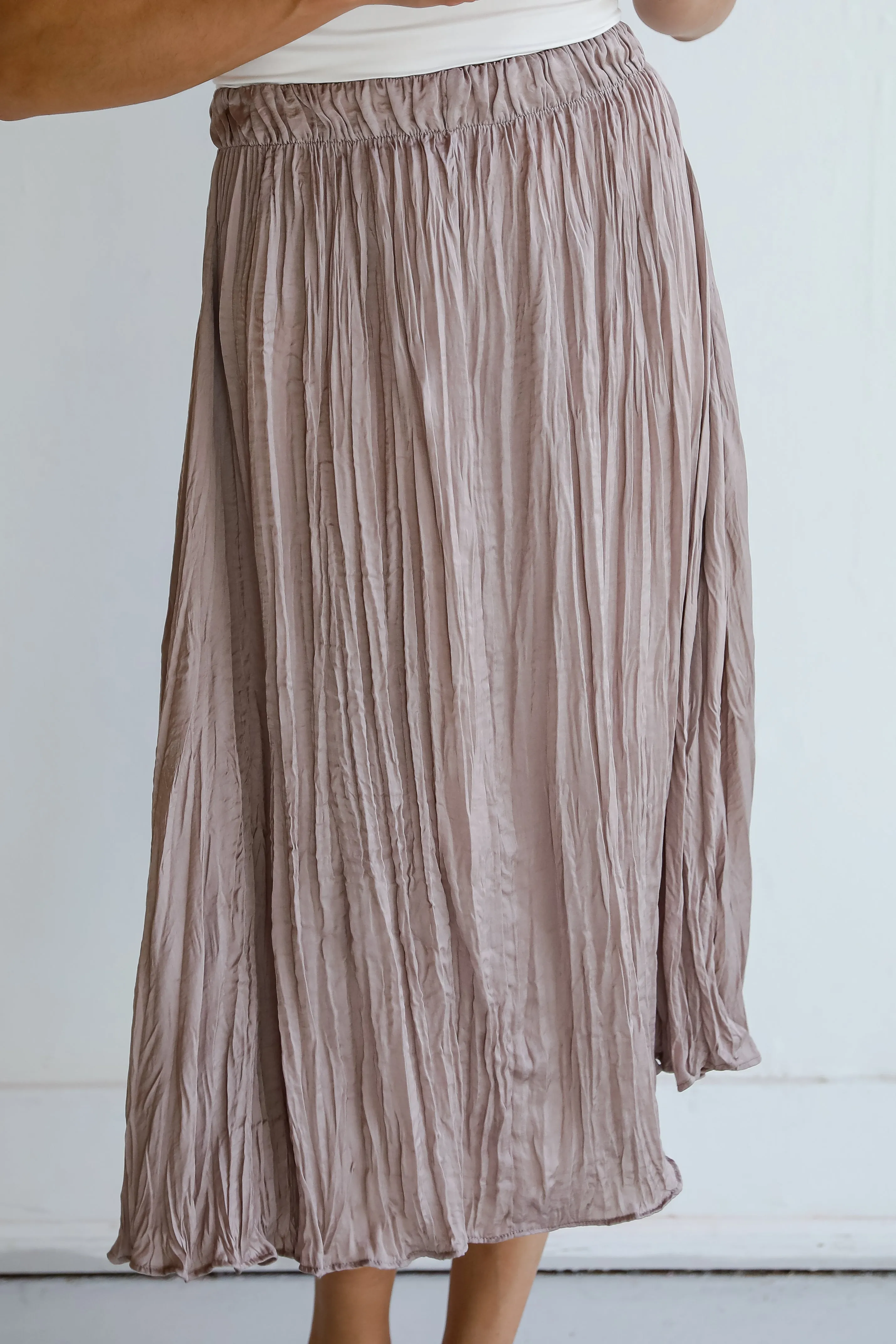 FINAL SALE - Gorgeous Icon Taupe Satin Midi Skirt