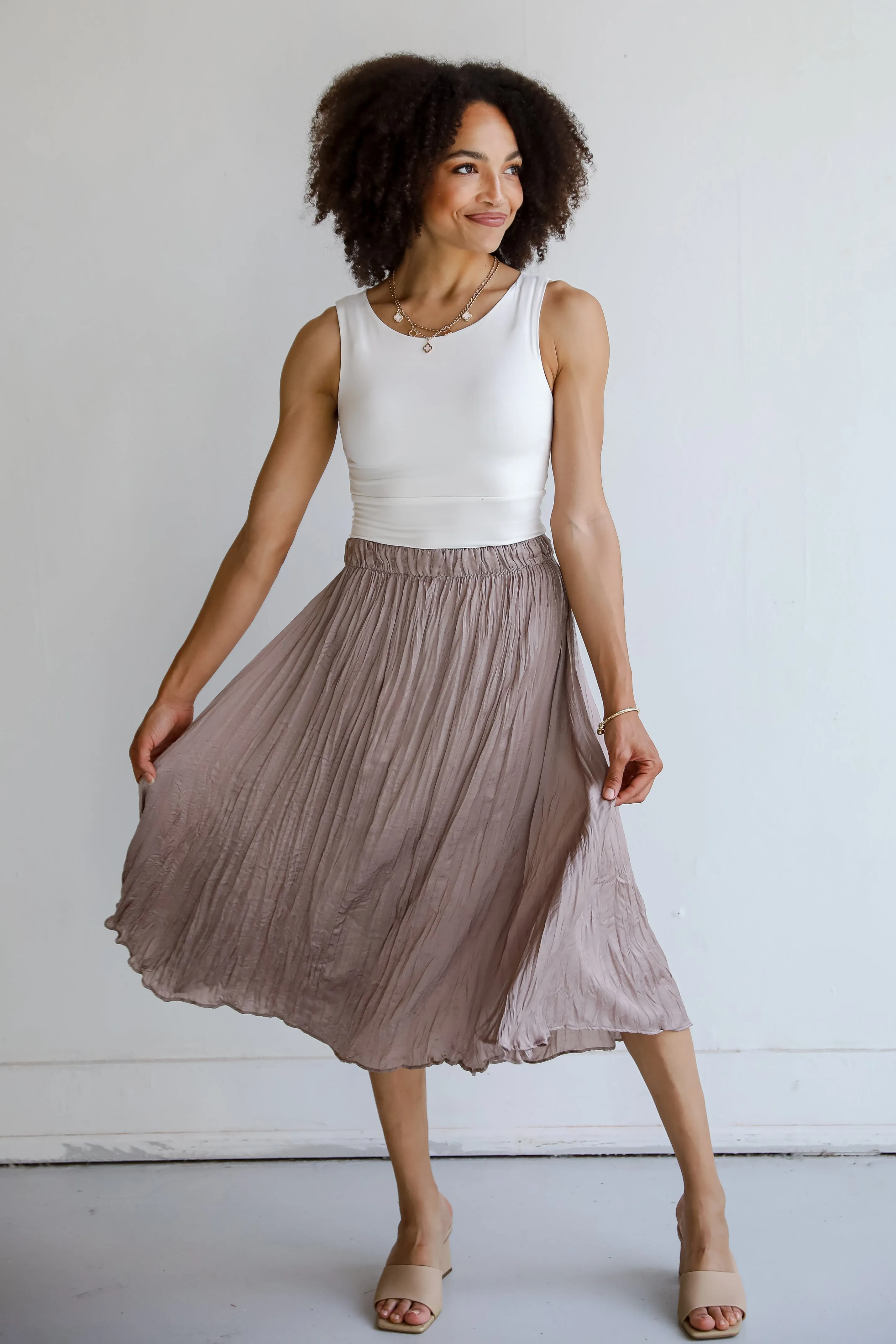 FINAL SALE - Gorgeous Icon Taupe Satin Midi Skirt