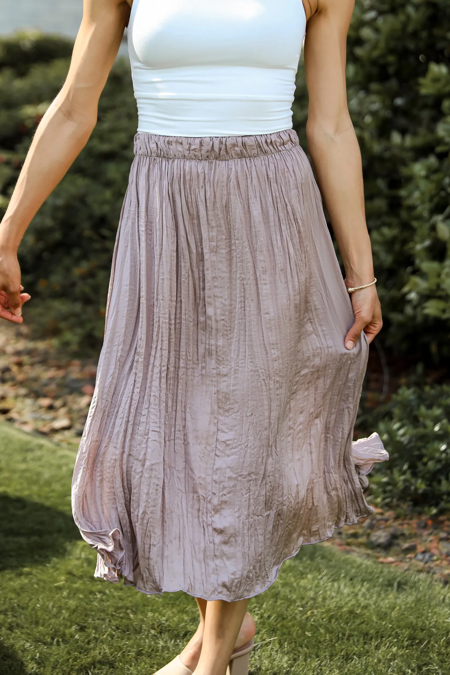 FINAL SALE - Gorgeous Icon Taupe Satin Midi Skirt