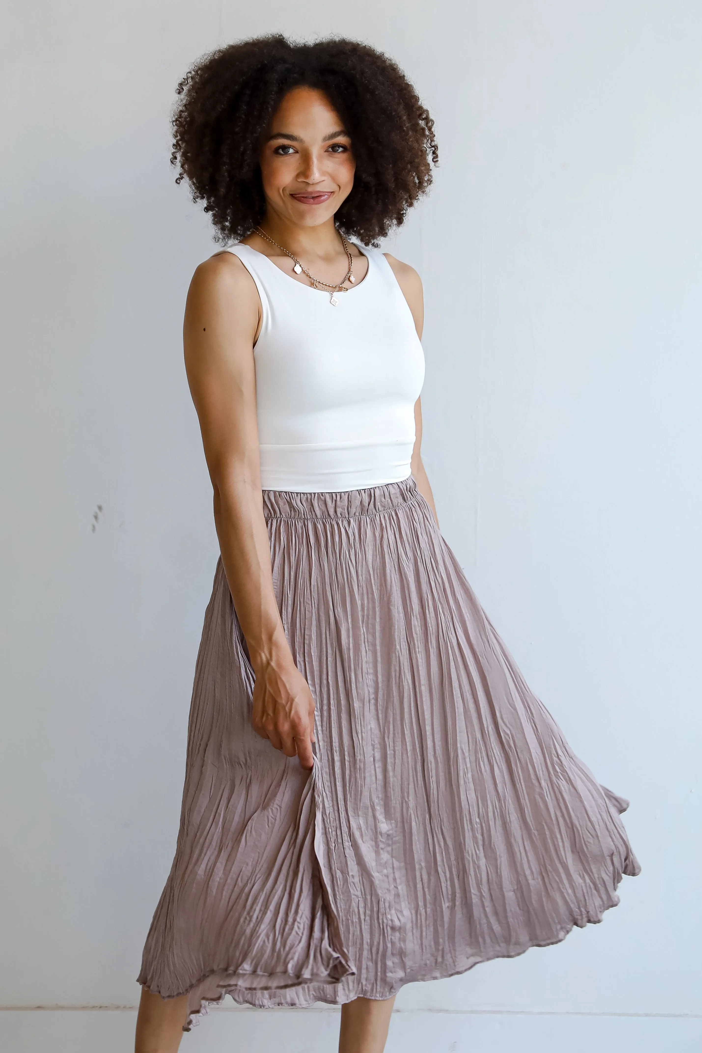 FINAL SALE - Gorgeous Icon Taupe Satin Midi Skirt