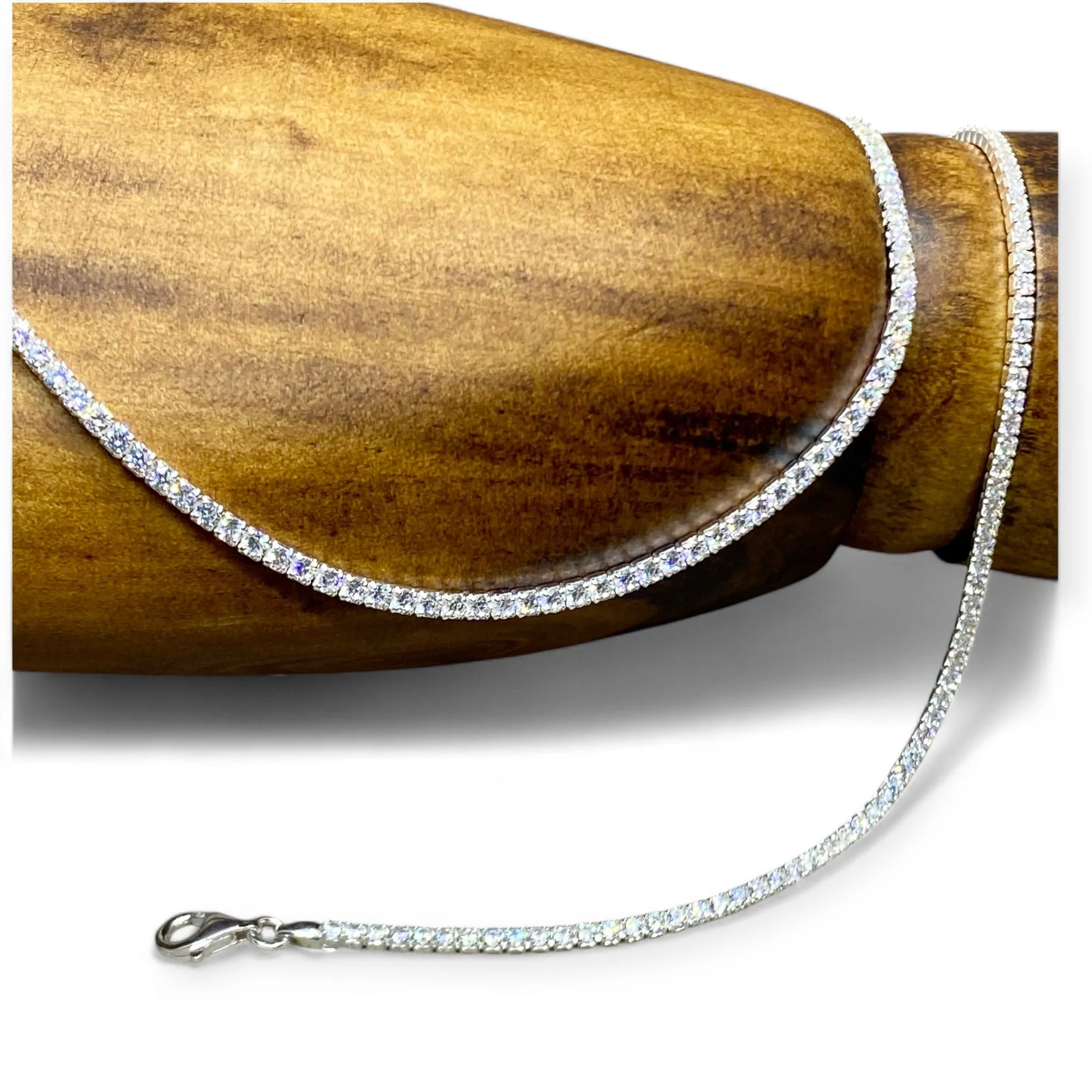 Fine Sterling Silver 2mm Cubic Zirconia Tennis Necklace With Extender Chain