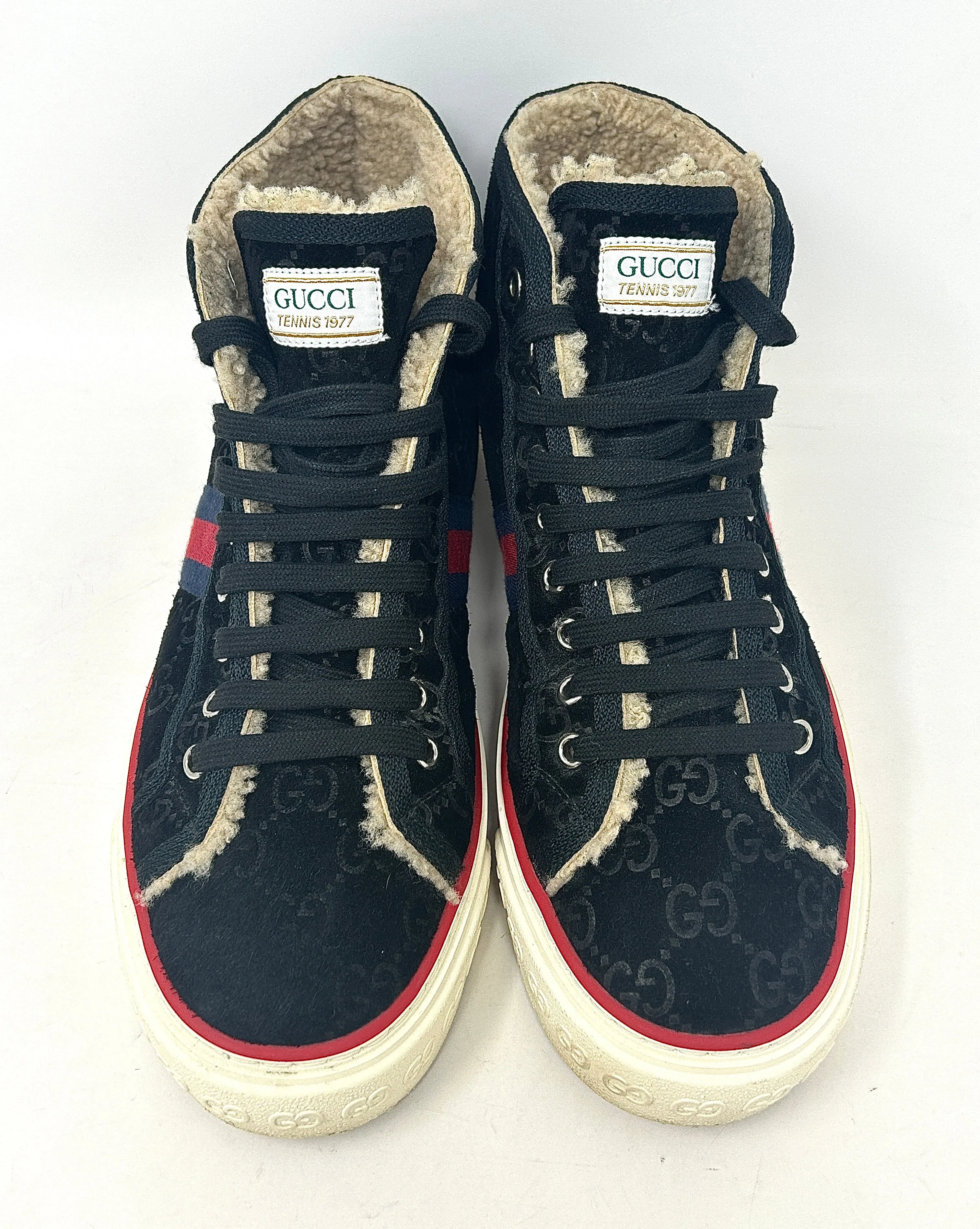 Gucci Tennis 1977 Mens Black Suede Monogram Shearling High Sneakers 40.5 UK 6.5