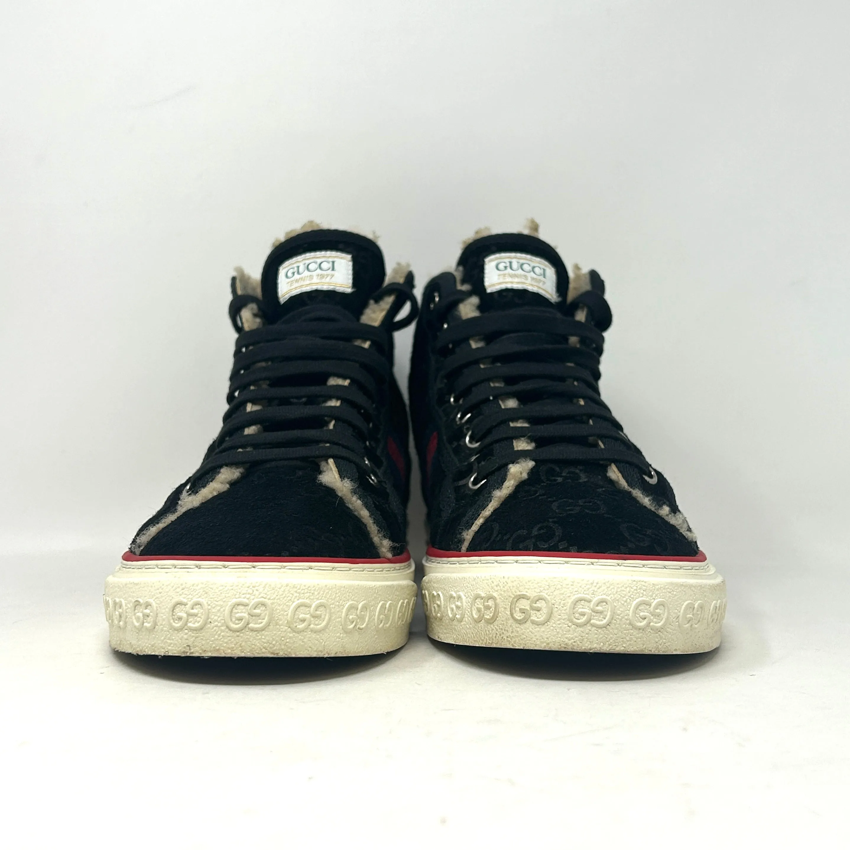 Gucci Tennis 1977 Mens Black Suede Monogram Shearling High Sneakers 40.5 UK 6.5