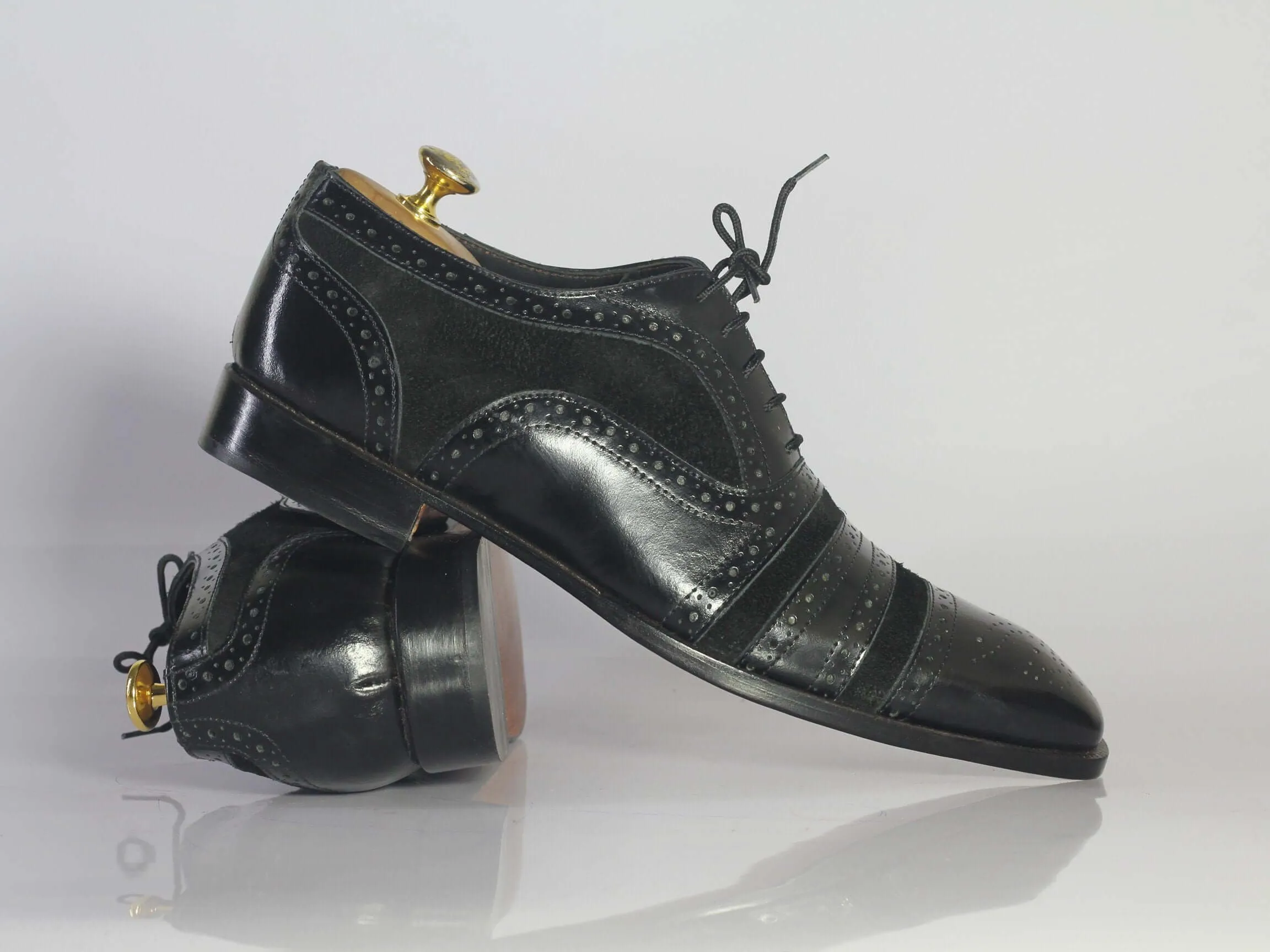 Handmade Black Cap Toe Leather Suede Lace Up Shoe