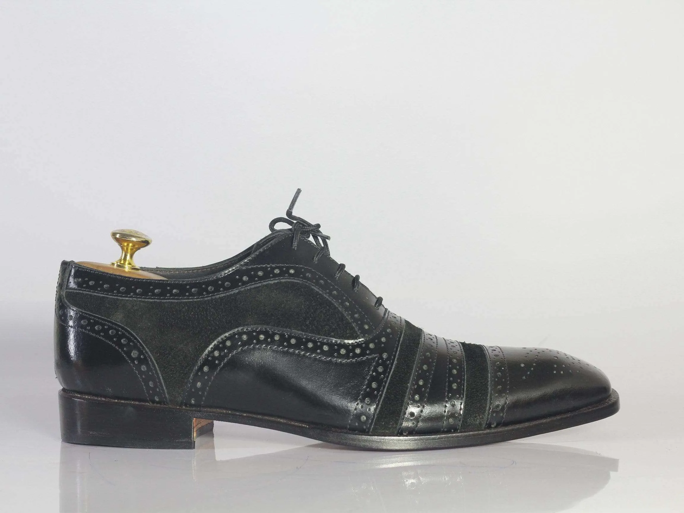 Handmade Black Cap Toe Leather Suede Lace Up Shoe