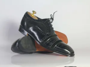 Handmade Black Cap Toe Leather Suede Lace Up Shoe